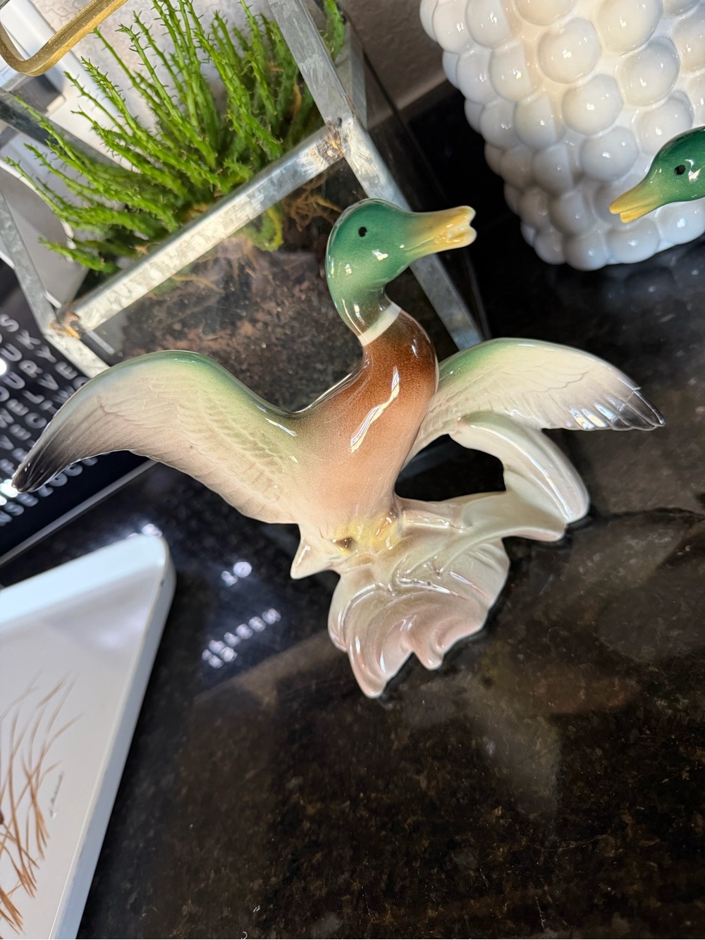 Glazed Ceramic Mallard Duck Figurine - Green and Brown